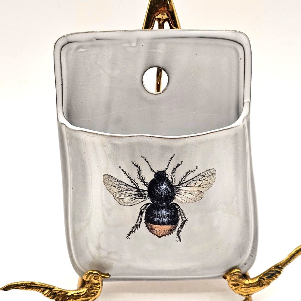 Studio Pottery Ceramic Wall Pocket Vase Bumble Bee Motif Glossy Glaze